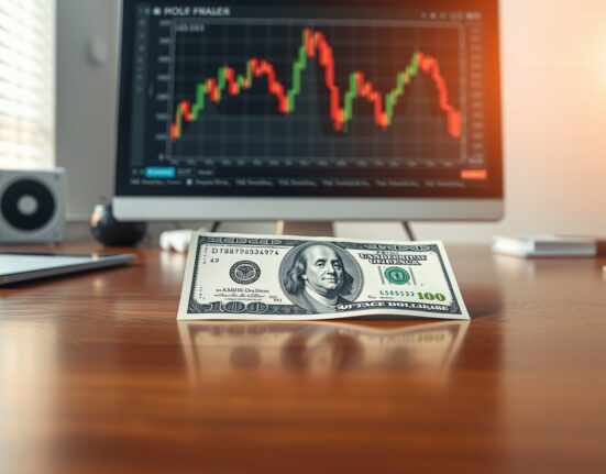 US dollar banknote on a desk with a financial chart showing a decline in the background