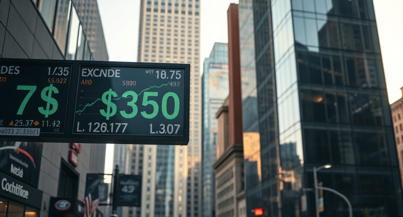 Currency exchange board showing U.S. dollar index in a financial district