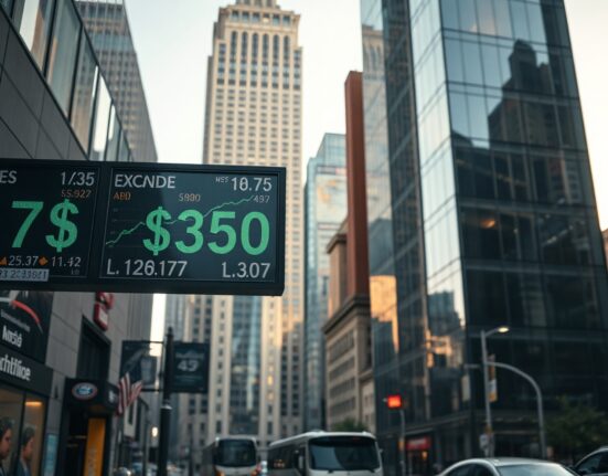 Currency exchange board showing U.S. dollar index in a financial district
