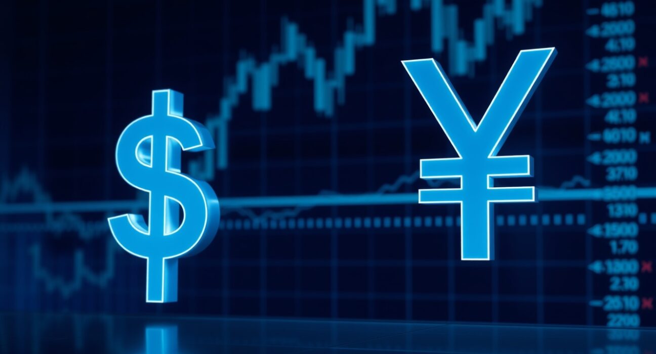 US Dollar and Japanese Yen symbols on a financial market background with charts