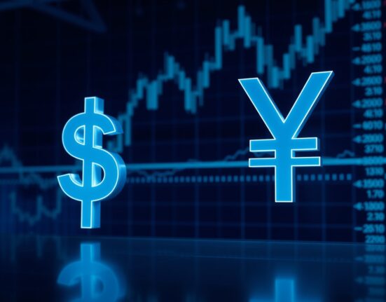 US Dollar and Japanese Yen symbols on a financial market background with charts