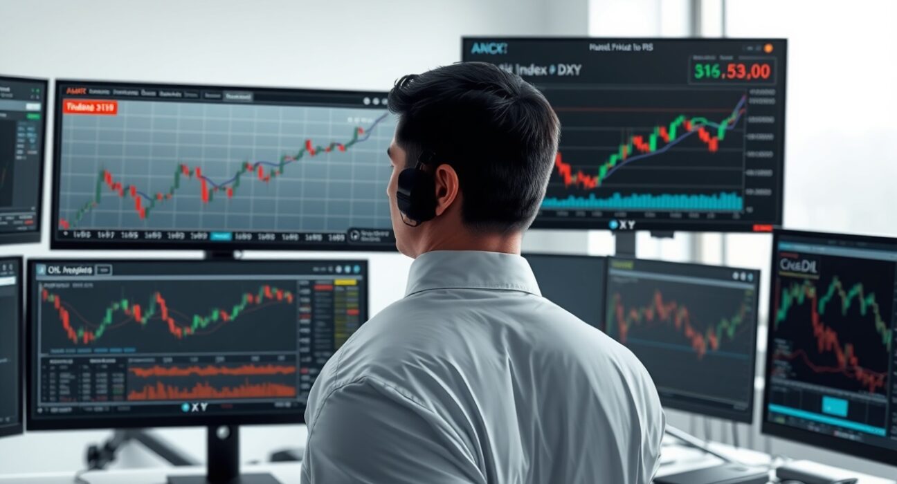 Financial analyst reviewing US dollar and energy price charts, illustrating market volatility and policy impact.