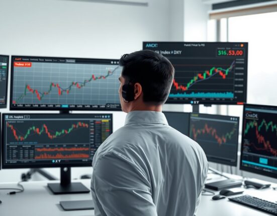 Financial analyst reviewing US dollar and energy price charts, illustrating market volatility and policy impact.