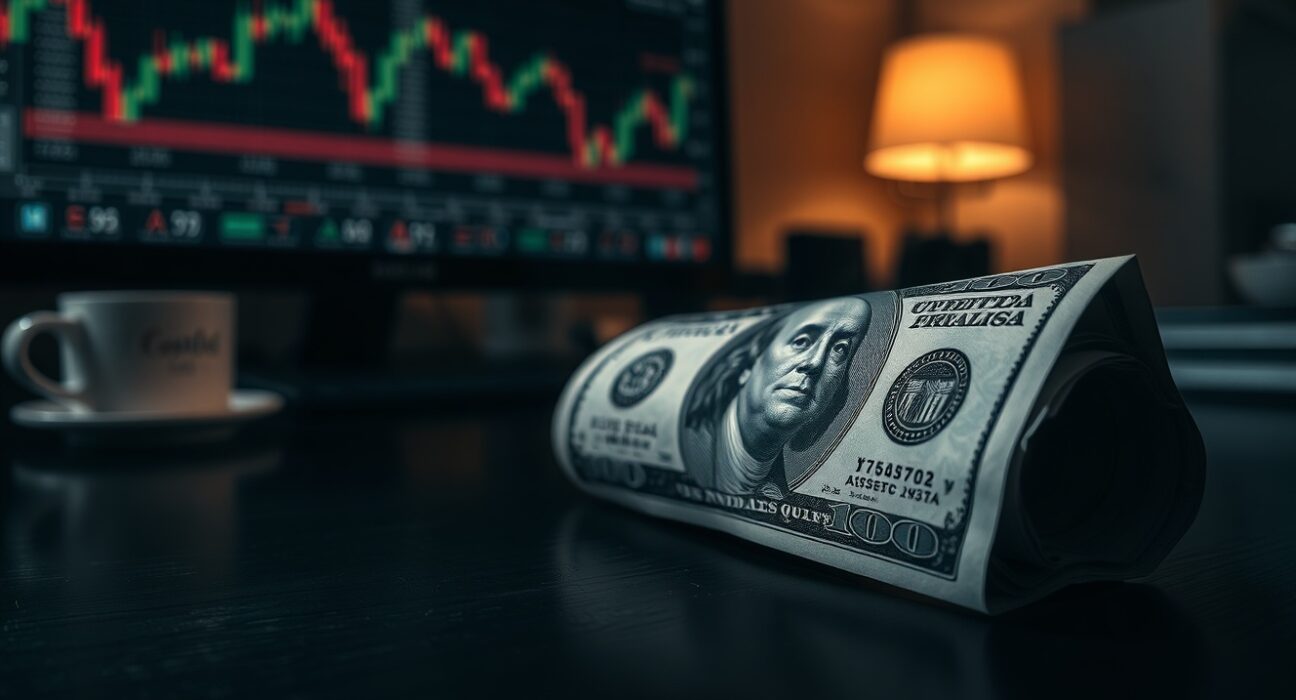 Close-up of a US dollar bill on a desk with a financial chart in the background.