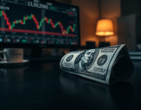 Close-up of a US dollar bill on a desk with a financial chart in the background.