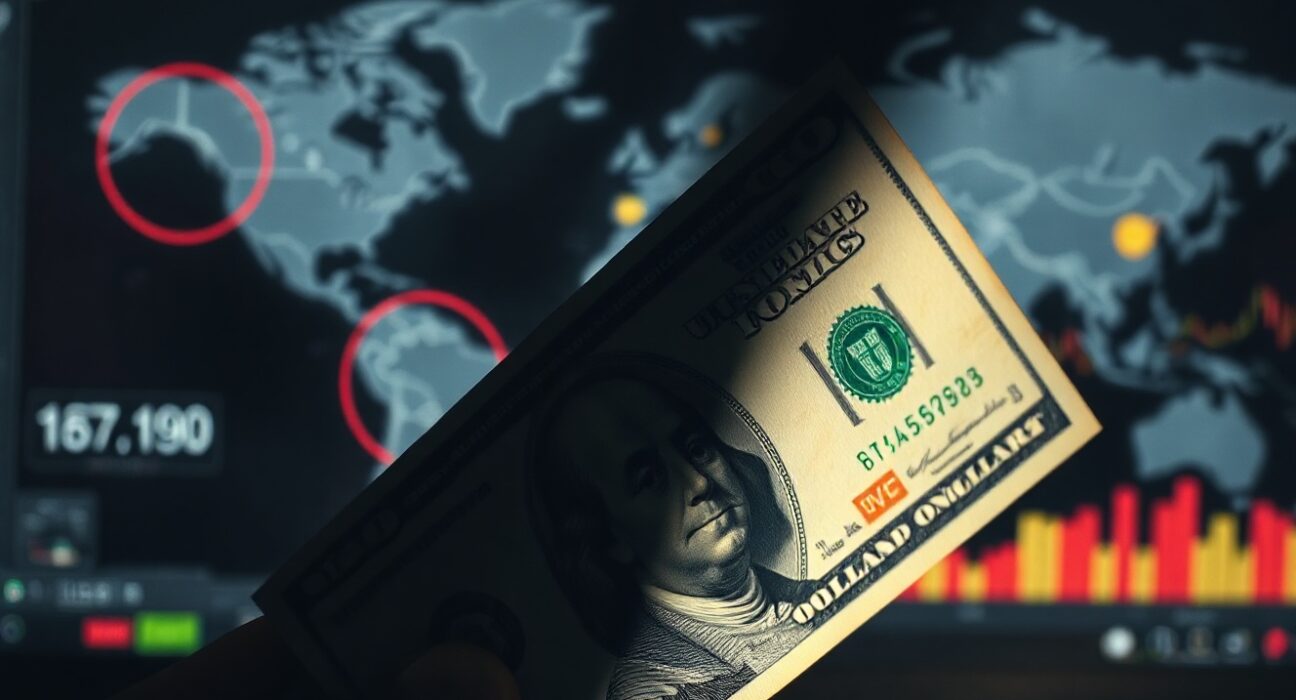 Close-up of a US Dollar banknote with a blurred world map background, representing forex market volatility amid geopolitical tensions.