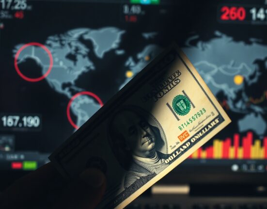 Close-up of a US Dollar banknote with a blurred world map background, representing forex market volatility amid geopolitical tensions.