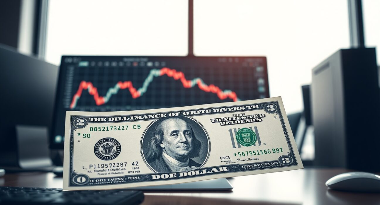 US dollar banknote with declining chart on a screen in a trading office