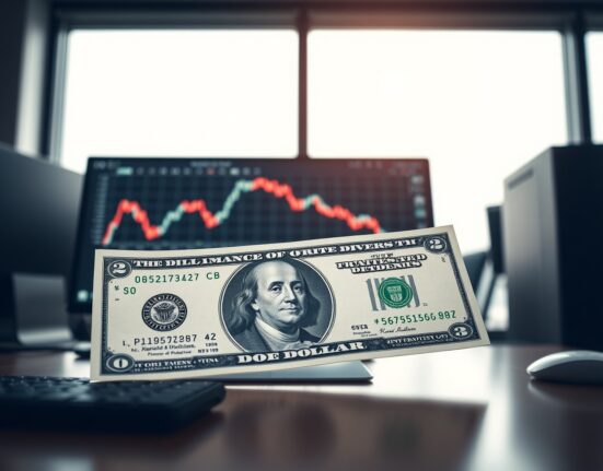 US dollar banknote with declining chart on a screen in a trading office