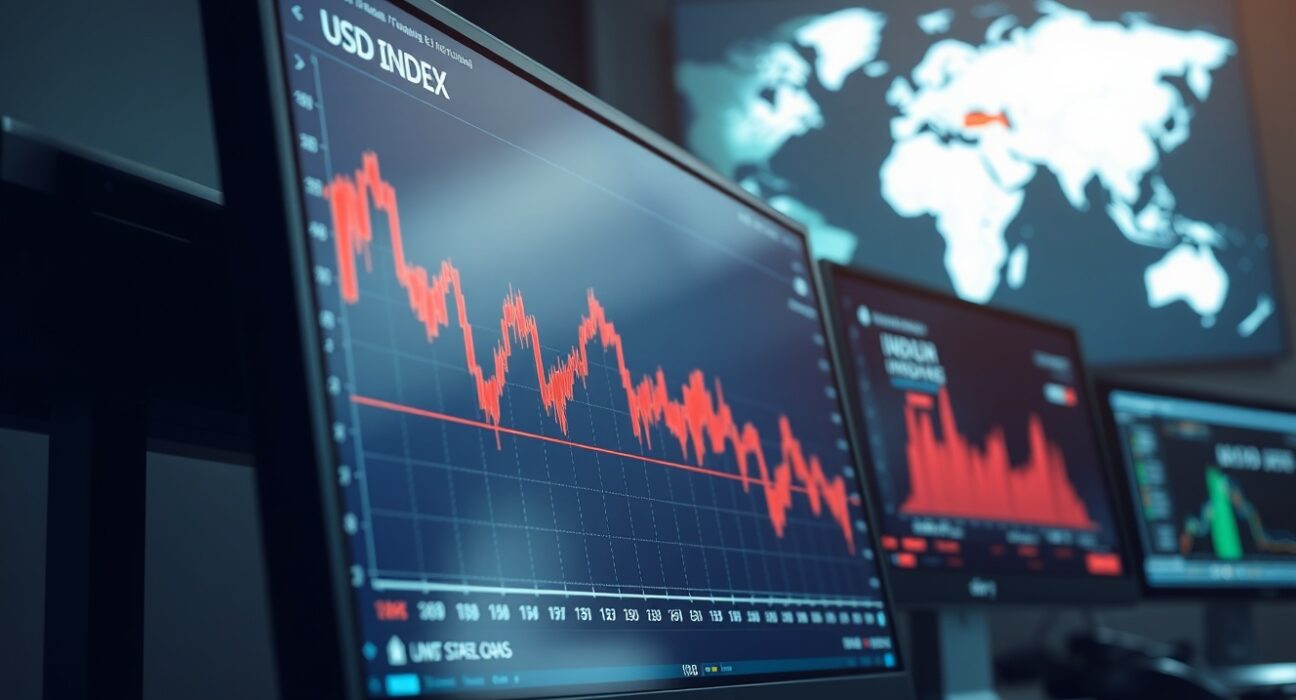 Financial market chart showing the U.S. dollar index falling amid Iran and Trump geopolitical news.