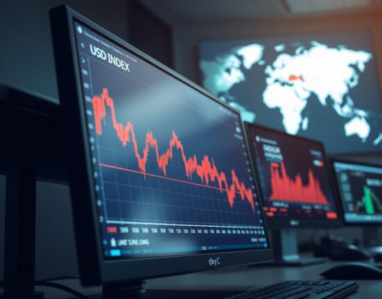 Financial market chart showing the U.S. dollar index falling amid Iran and Trump geopolitical news.