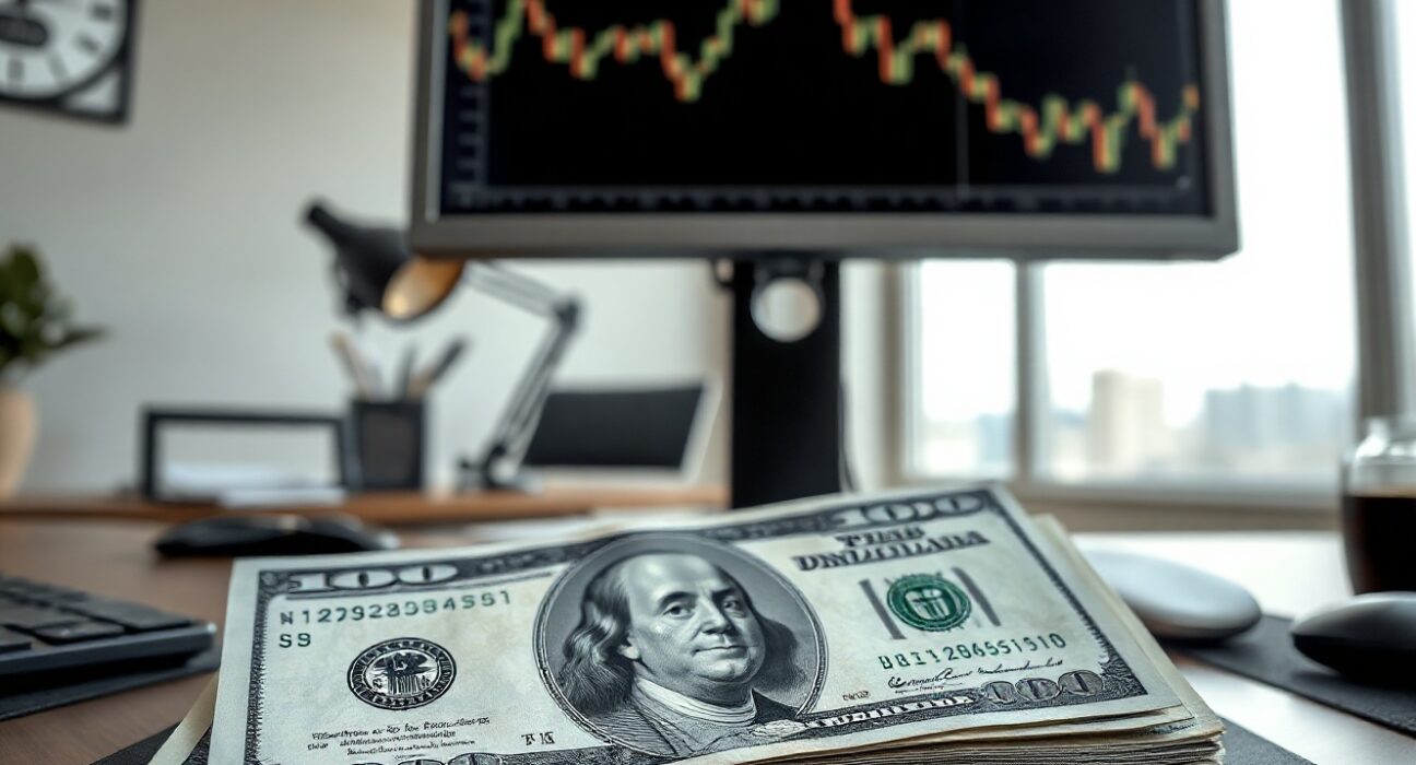 US dollar banknote with financial chart on a monitor, symbolizing currency market analysis