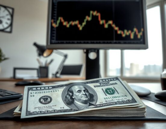 US dollar banknote with financial chart on a monitor, symbolizing currency market analysis