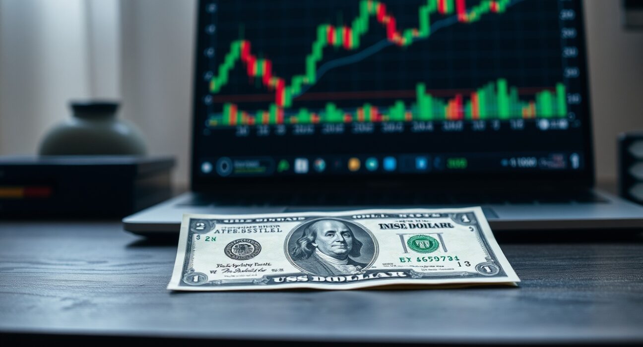 US dollar banknote on desk with laptop showing financial chart in background
