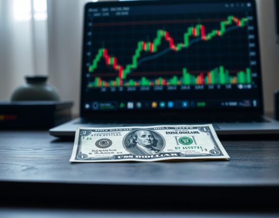 US dollar banknote on desk with laptop showing financial chart in background