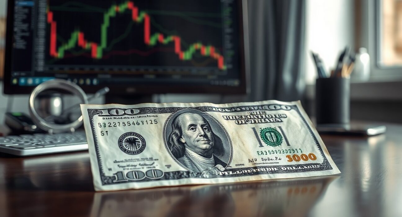 Close-up of a US Dollar banknote on a desk with a blurred financial chart in the background.