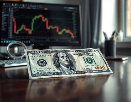 Close-up of a US Dollar banknote on a desk with a blurred financial chart in the background.