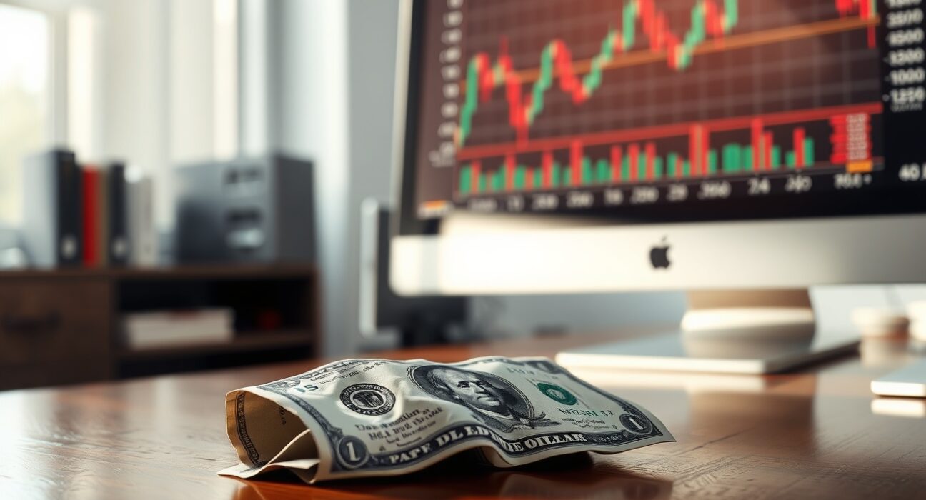 US dollar banknote on desk with computer monitor showing volatile currency chart