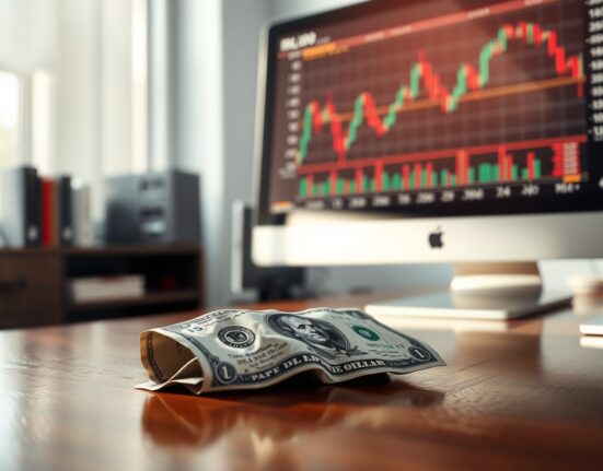 US dollar banknote on desk with computer monitor showing volatile currency chart