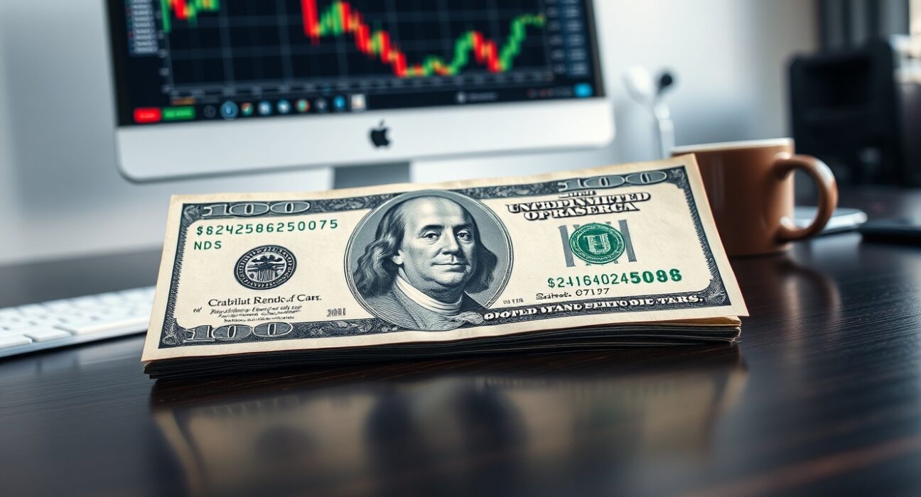 US dollar bill on a desk with financial charts in the background