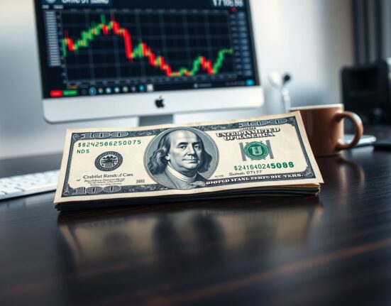 US dollar bill on a desk with financial charts in the background