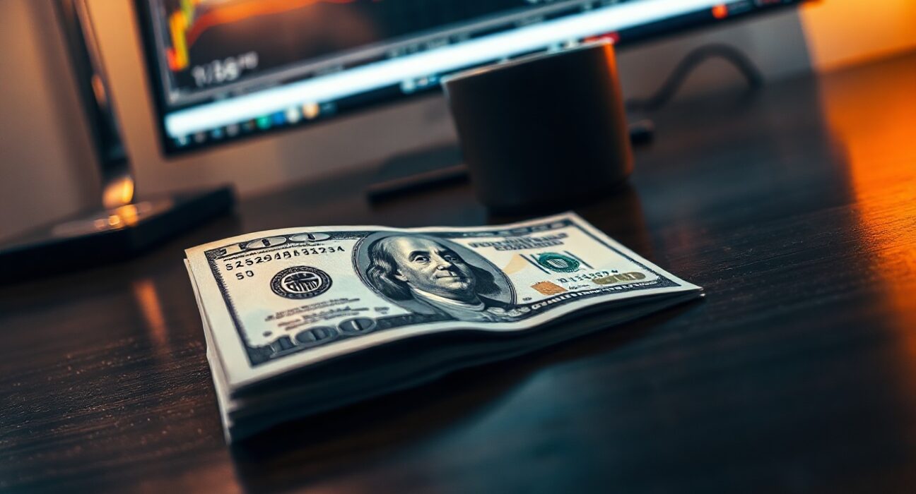 US Dollar banknote on a desk with financial charts in the background, representing forex market analysis.