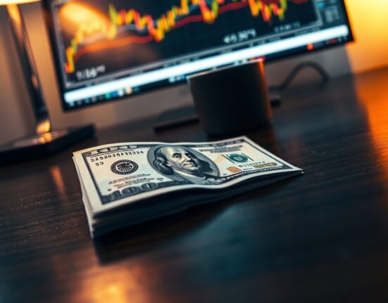 US Dollar banknote on a desk with financial charts in the background, representing forex market analysis.