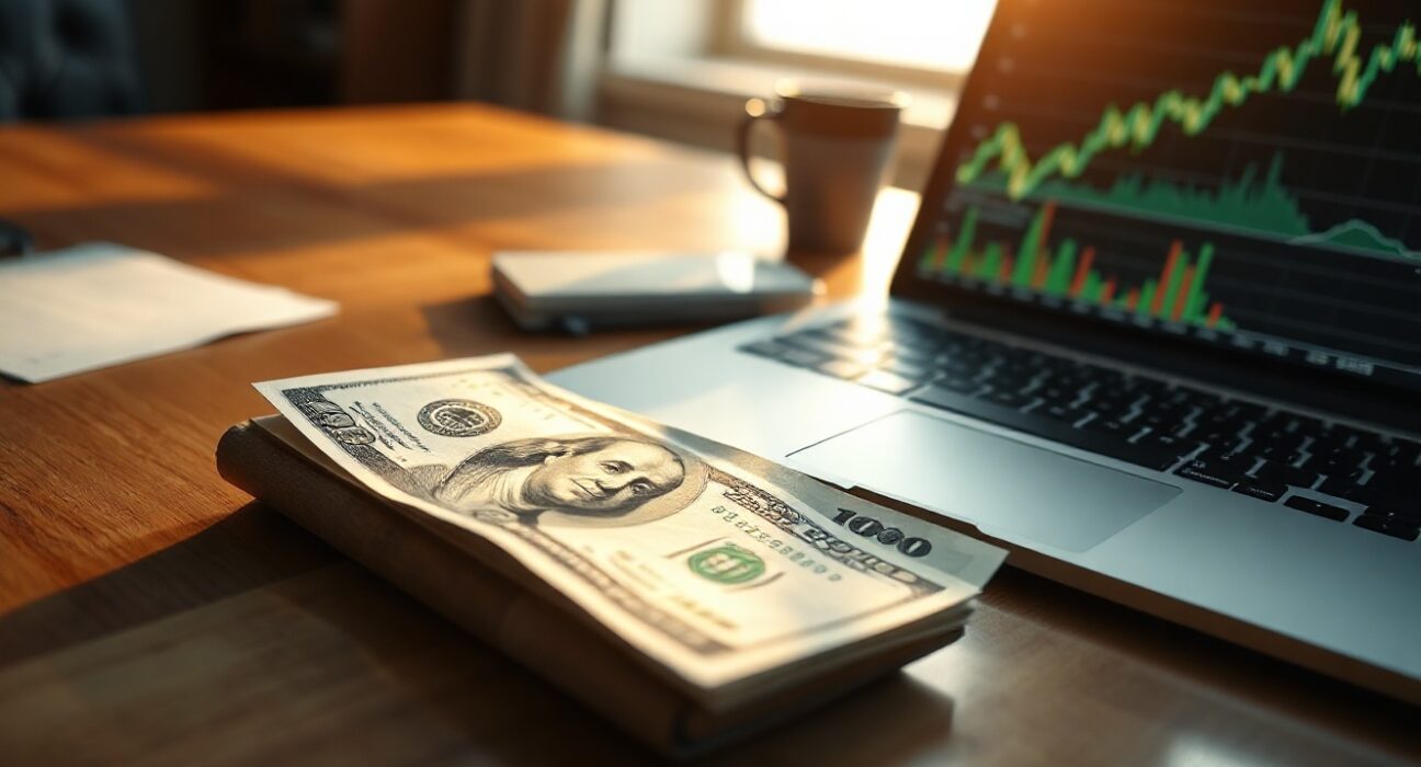 US Dollar banknote next to a laptop showing a bullish forex chart in a modern office setting