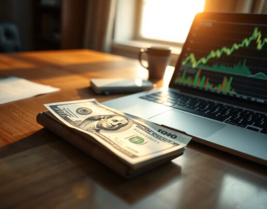 US Dollar banknote next to a laptop showing a bullish forex chart in a modern office setting