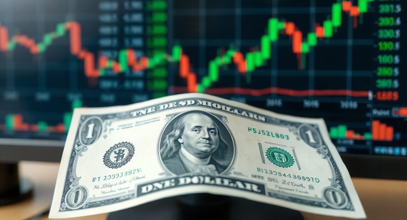 US dollar banknote with financial charts in background, representing currency market pressure
