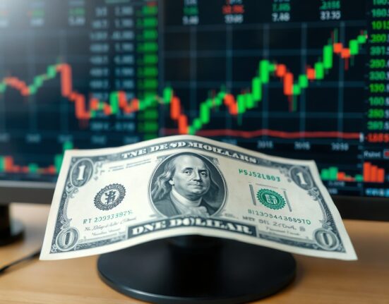 US dollar banknote with financial charts in background, representing currency market pressure