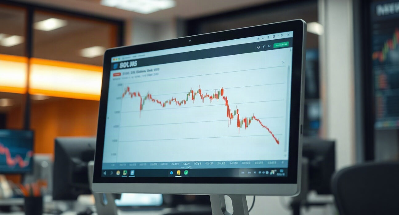 Trader monitoring US Dollar index chart on a screen in a modern financial office.