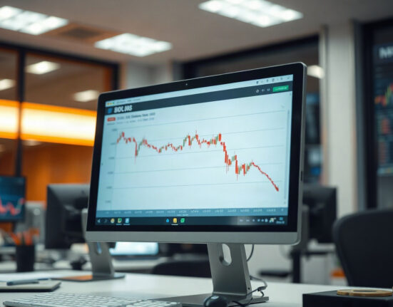 Trader monitoring US Dollar index chart on a screen in a modern financial office.