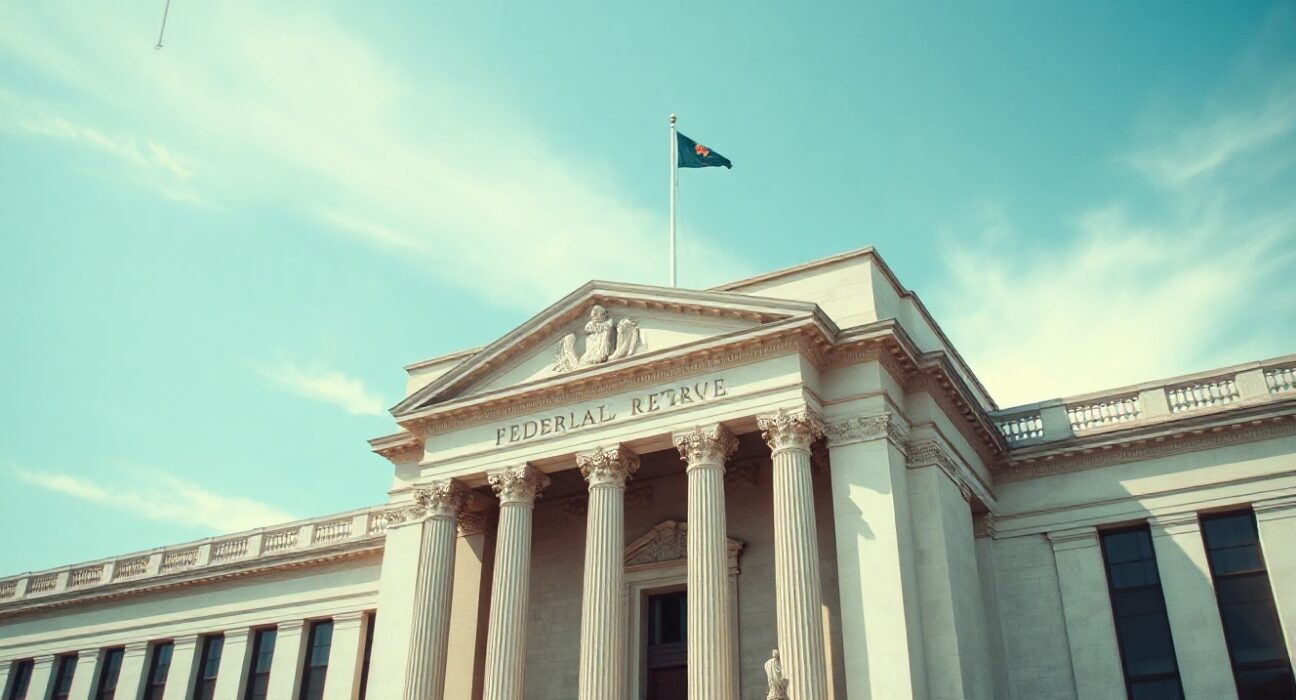 Federal Reserve building in Washington, D.C., under a clear blue sky.