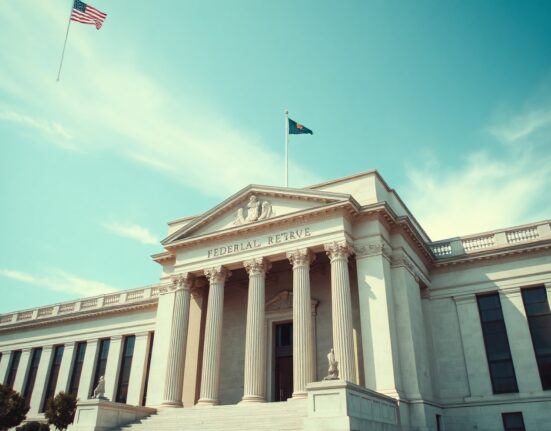 Federal Reserve building in Washington, D.C., under a clear blue sky.