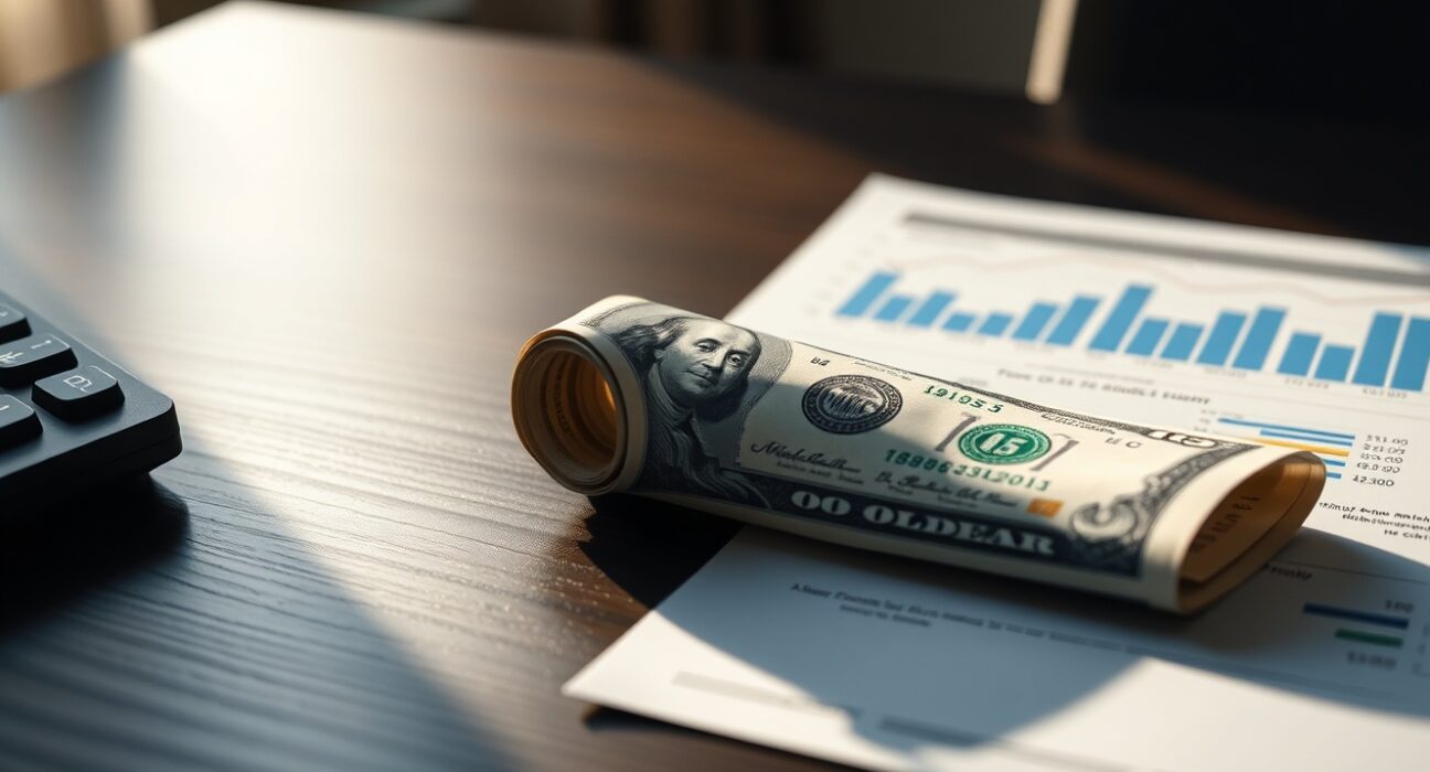 US dollar bill and financial charts on a desk representing currency market analysis.