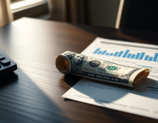 US dollar bill and financial charts on a desk representing currency market analysis.