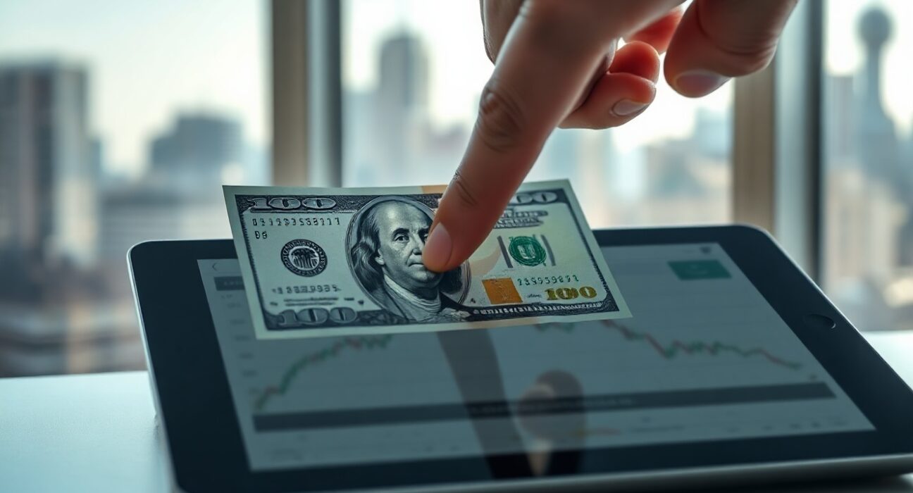 Analyst pointing at US Dollar and downward trend on digital tablet in office