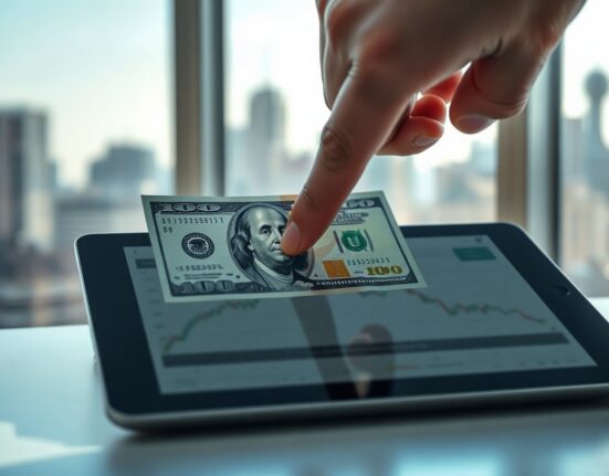 Analyst pointing at US Dollar and downward trend on digital tablet in office