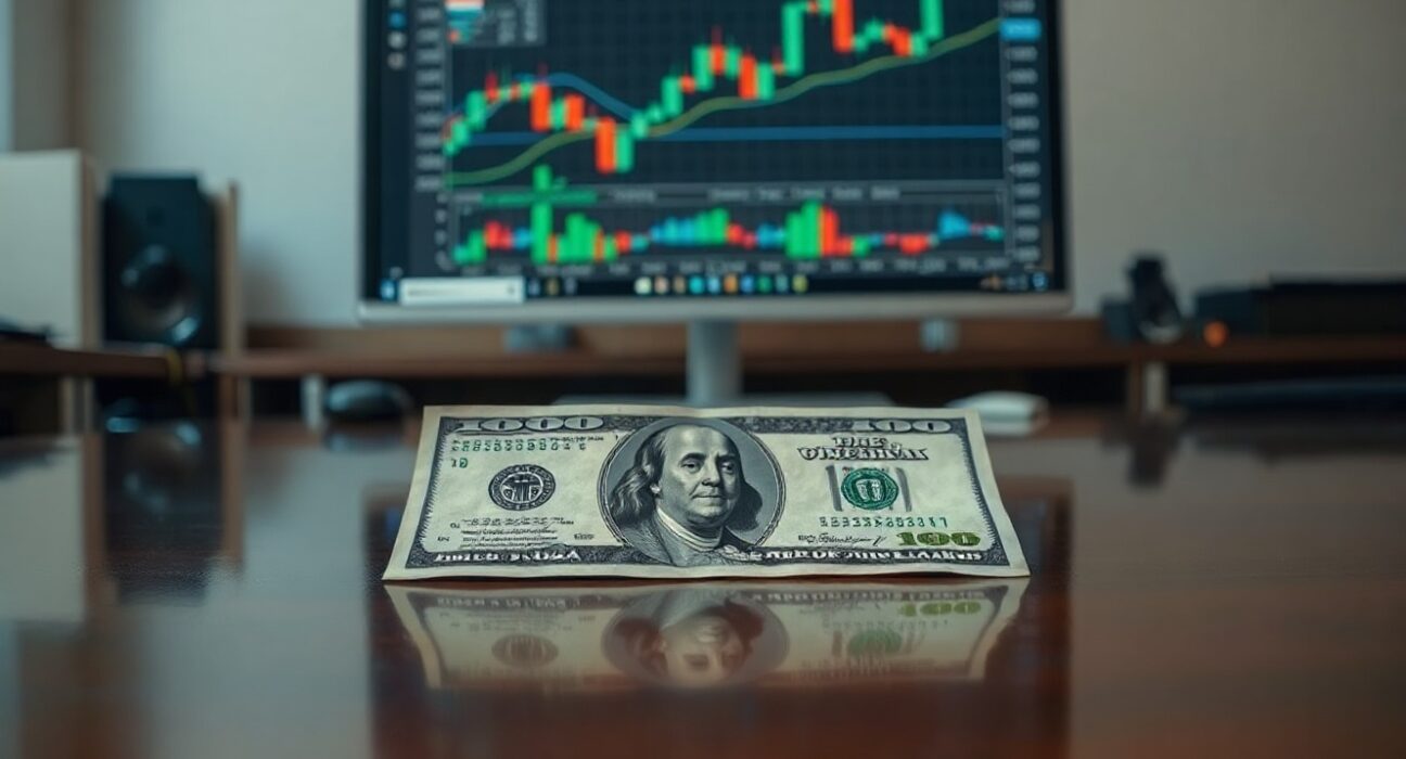 US dollar banknote on a desk with a financial chart in the background, representing currency market analysis.