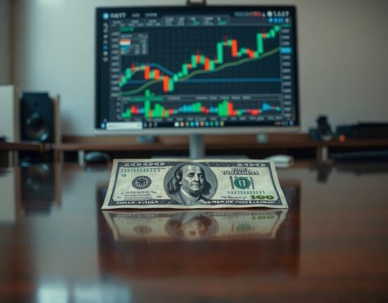 US dollar banknote on a desk with a financial chart in the background, representing currency market analysis.
