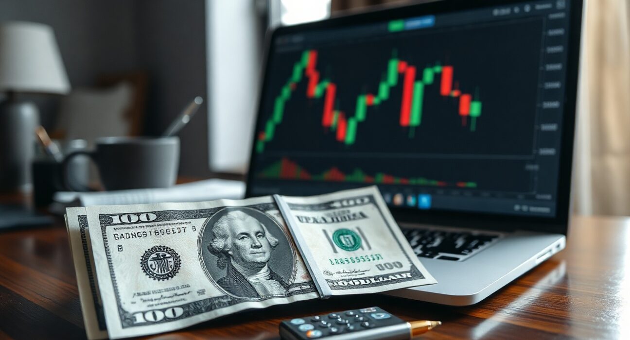 US dollar banknote and financial charts on a desk representing currency market analysis