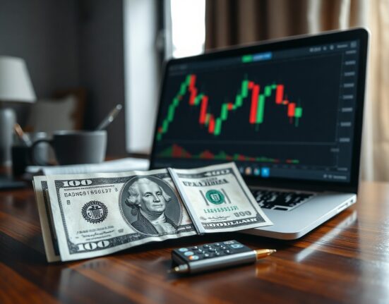 US dollar banknote and financial charts on a desk representing currency market analysis