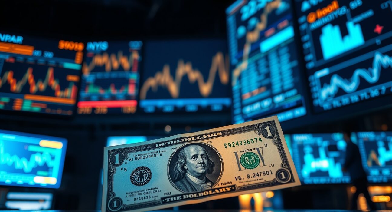 US dollar banknote with digital trading screens showing AI data visualizations in background