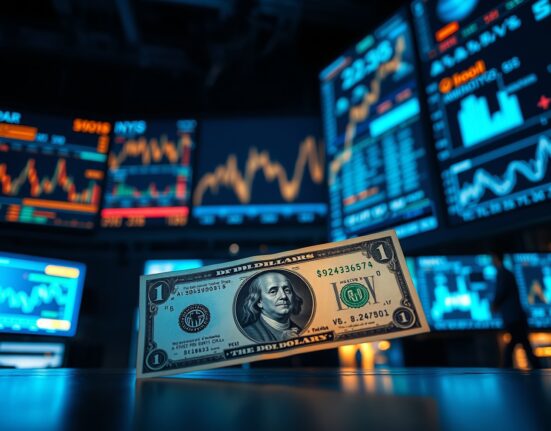 US dollar banknote with digital trading screens showing AI data visualizations in background