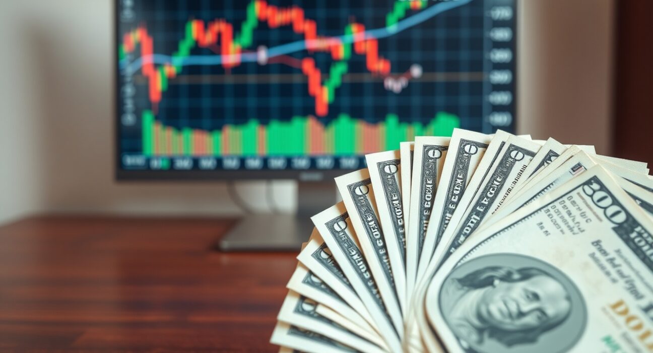 US Dollar banknotes on desk with financial chart in background showing market decline