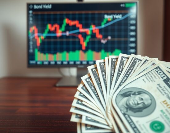 US Dollar banknotes on desk with financial chart in background showing market decline