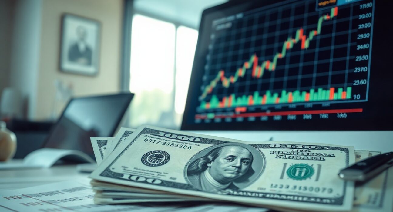 US dollar banknotes and financial chart on screen, representing Fed policy and inflation risks