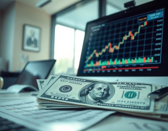 US dollar banknotes and financial chart on screen, representing Fed policy and inflation risks