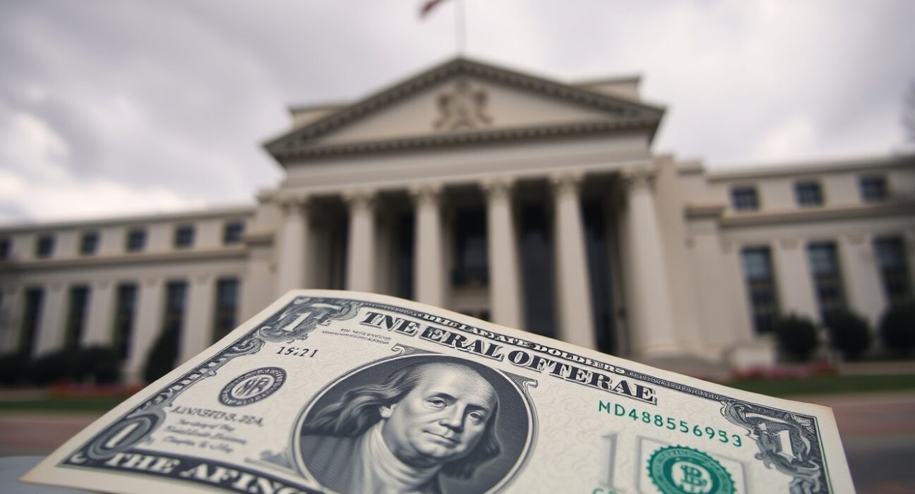 US dollar banknote and Federal Reserve building in soft light, representing monetary policy and inflation analysis.